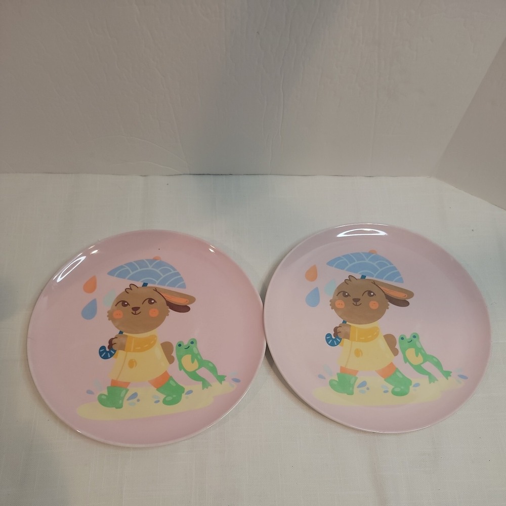 Pair of 10" Melamine Easter dinner plate pink with bunny kids table spring